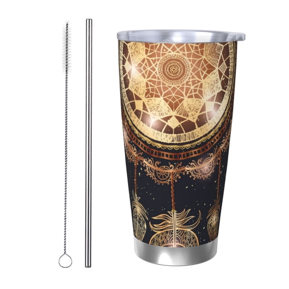 Picia Dreamcatcher With Mandala Pattern 20 oz Tumbler Stainless Steel Vacuum Insulated Coffee Ice Cup Double Wall Travel Flask Dual Lid Water Bottle, Eco-friendly Car Cup