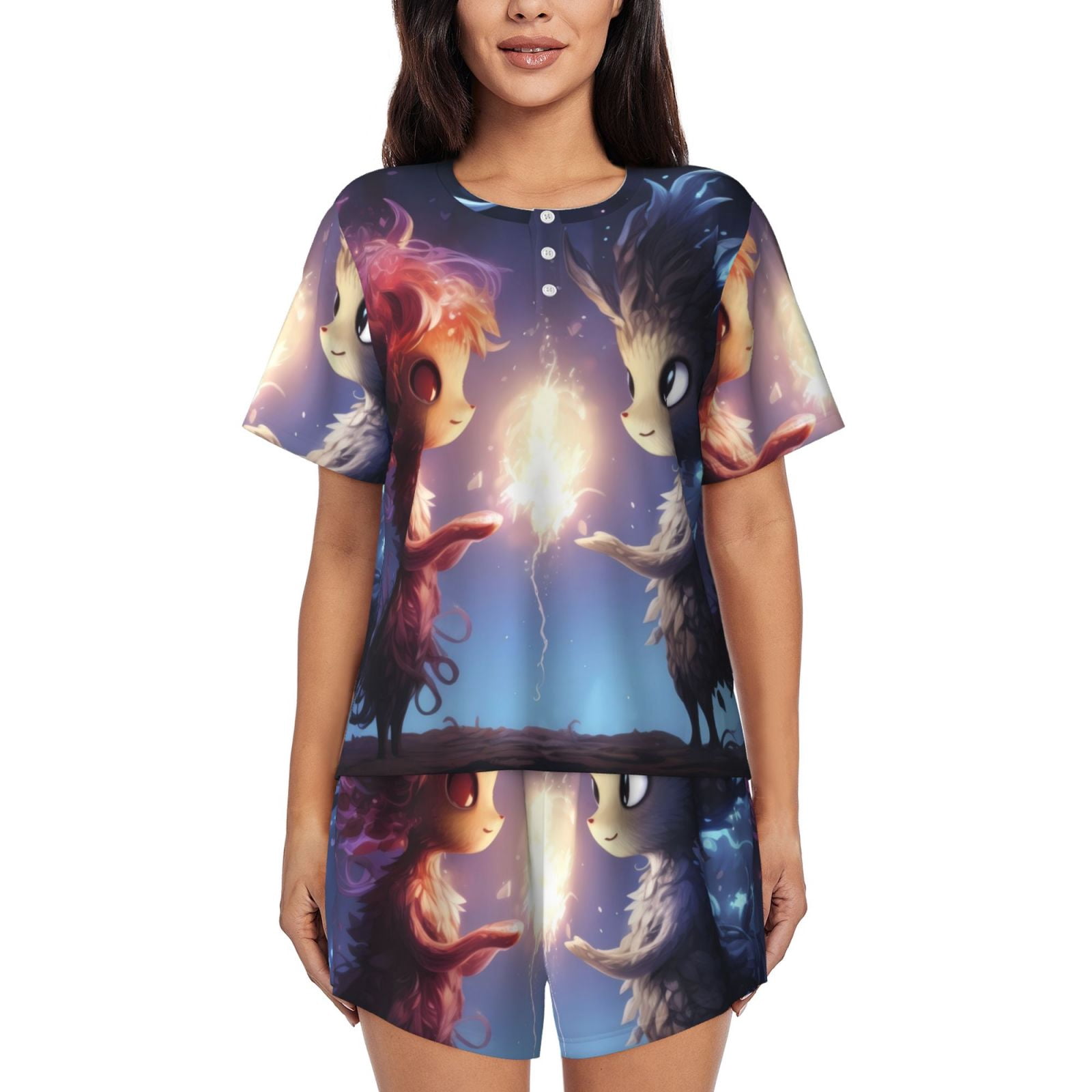 Picia Dreamy Forest Elf Pajamas Sets for Women Soft Short-Sleeved Pjs with Lounge Shorts Two Piece Sleepwear-4X-Large