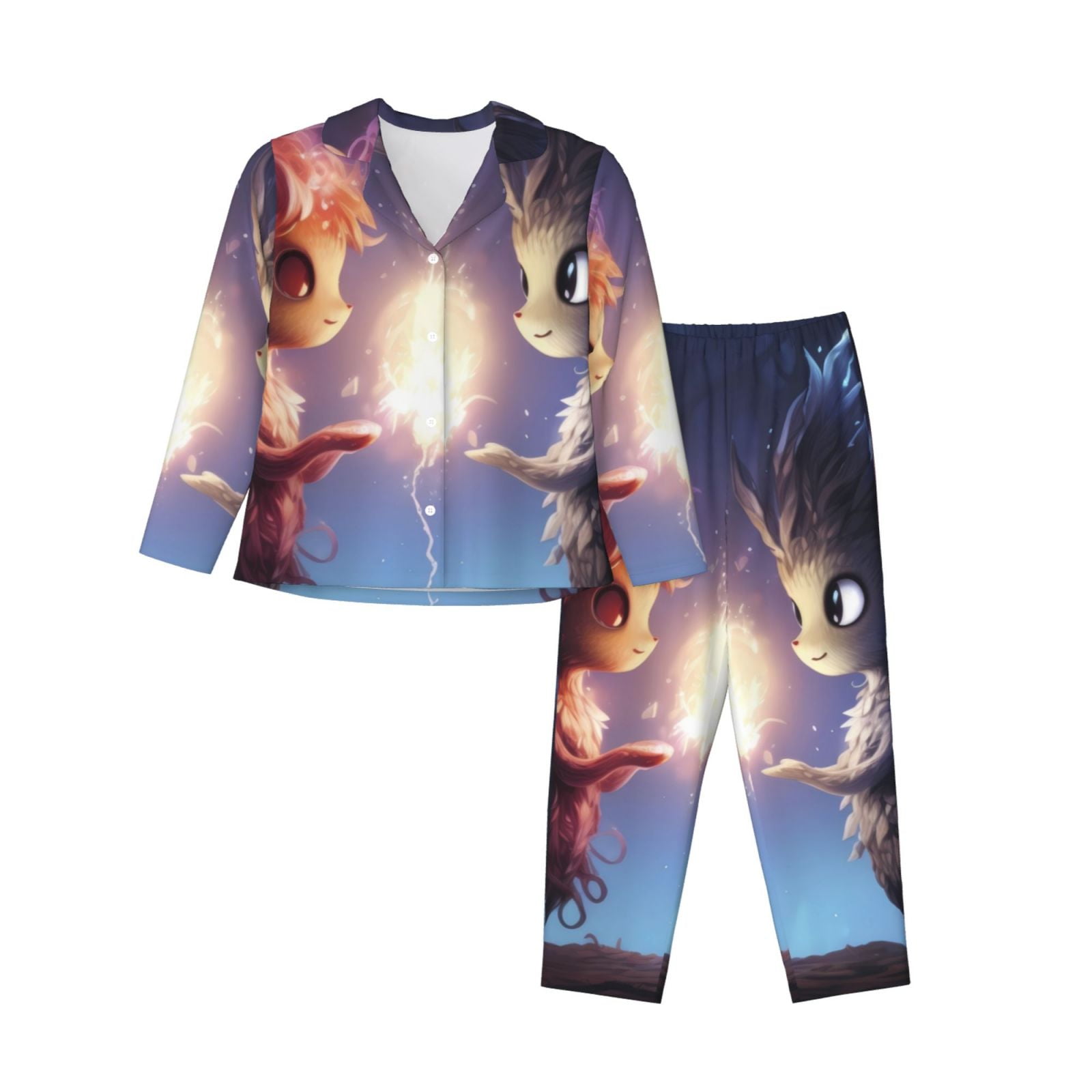 Picia Dreamy Forest Elf Pattern Women’s Long-Sleeve Sleepwear Set - Soft 2-Piece Loungewear with Pockets, Comfy PJs for Relaxing Nights-Large