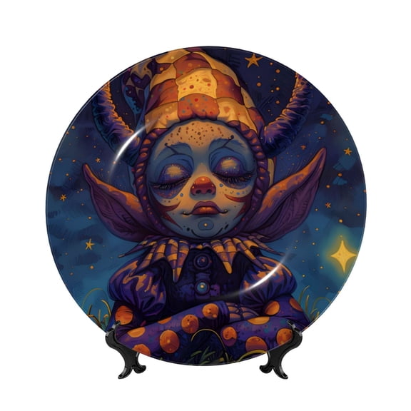 Picia Dreamy Jester Under Stars Pattern Bone China Decorative Plate – Wall Decor with Stand and Adhesive, Elegant Ornament for Living Room, Office, or Entryway-7in