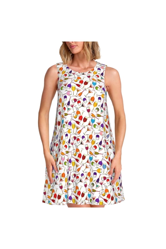 Drink And Cocktail Glasses Print Women’s Sleeveless Midi Swing Dress – A-Line Pleated Tank Sundress, Comfortable and Flowy T-Shirt Dress