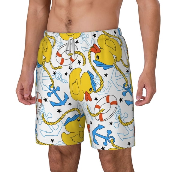 Picia Ducks and Anchors pattern Mens Swim Trunks with Compression Liner Stretch Beach Shorts Quick Dry with Zipper Pockets No-Chafing Board Shorts-X-Large