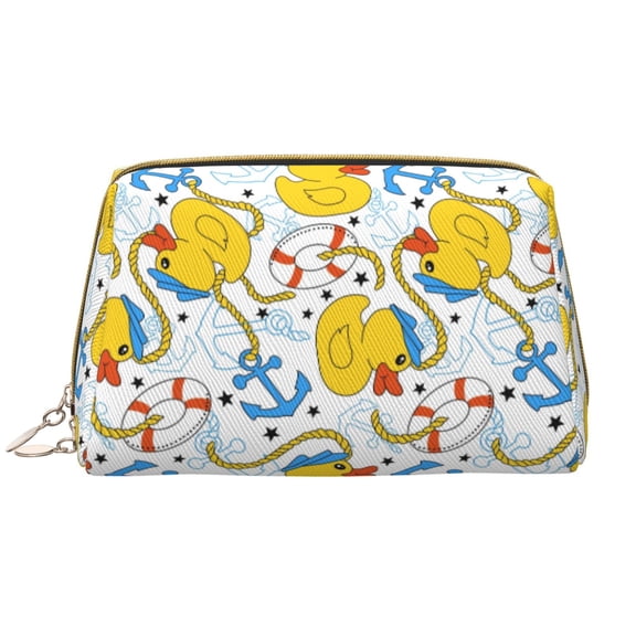 Picia Ducks and Anchors Print Leather Makeup Bag Make Up Bag Travel Toiletry Bag for Her Girlfriend Teacher Teen Girl Gifts