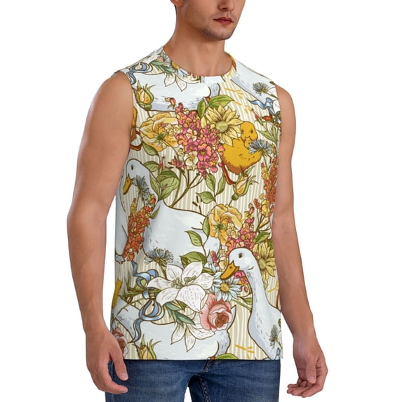 Picia Ducks and Flowers mens Cotton Tank Undershirts , Moisture-wicking Ribbed Tanks, Lightweight Cotton Tank Undershirts-