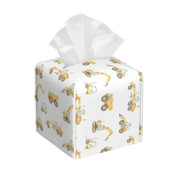 Picia Dump Truck Pattern Tissue Box Cover,PVC Leather Square Holder,Tissue Box Holder with Magnetic Bottom,Facial Paper Organizer Dispenser-5.2"X5.2"X5.2"