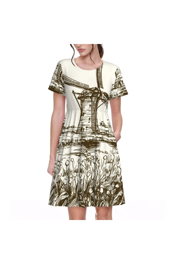 Dutch Windmill Pattern Women's Short Sleeve Summer Dress Pleated Loose Swing Knee Length Short Sleeve Swing Dresses