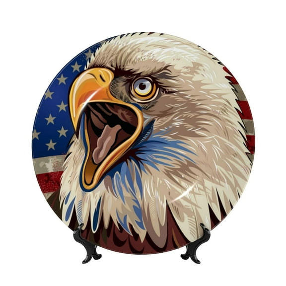 Picia Eagle With USA Flags Pattern Bone China Decorative Plate – Wall Decor with Stand and Adhesive, Elegant Ornament for Living Room, Office, or Entryway-6in