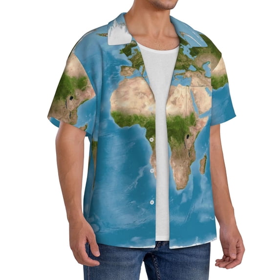Picia Earth View World Map Men's Linen Shirts Short Sleeve Cuban Beach Shirts Casual Shirts Button Down Shirt for Men Beach Summer Wedding Shirt-3X-Large