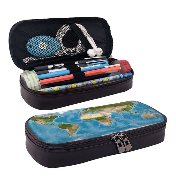 Picia Earth View World Map Pattern Large Capacity PU Leather Pencil Case Organizer Pen Marker Holder Double Zipper Storage Bag Big Pencil Pouch for College Office