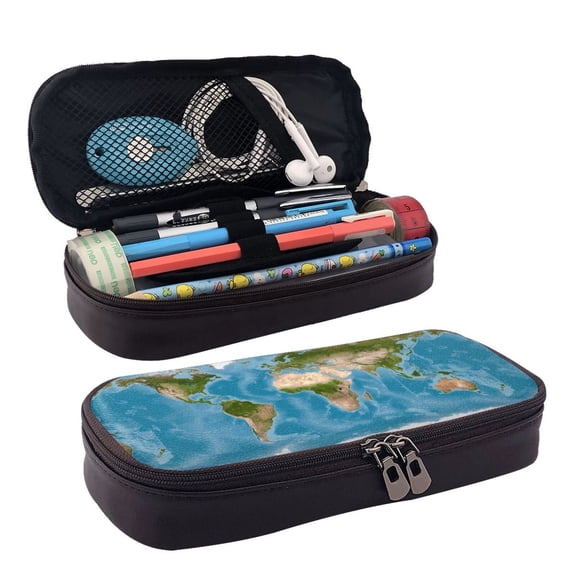 Picia Earth View World Map Pattern Large Capacity PU Leather Pencil Case Organizer Pen Marker Holder Double Zipper Storage Bag Big Pencil Pouch for College Office