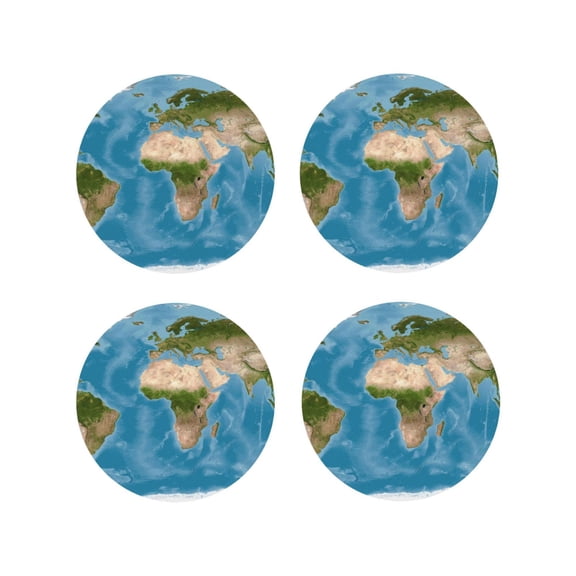 Picia Earth View World Map Printed Leather Coasters for Drinks, 4" Drink Coasters Set of 4 for Tabletop Protection, Handmade Luxurious Home Décor and Housewarming Gift -Round Shape
