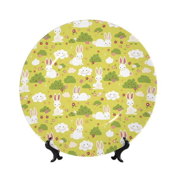 Picia Easter Bunny Pattern Bone China Decorative Plate – Wall Decor with Stand and Adhesive, Elegant Ornament for Living Room, Office, or Entryway-6in