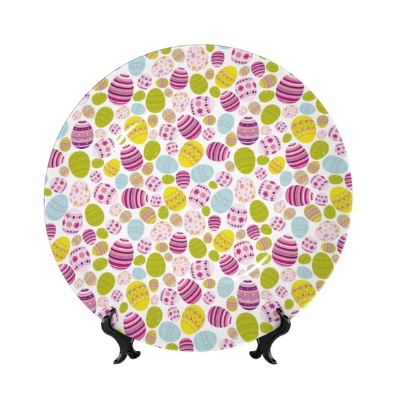 Picia Easter Egg Pattern Bone China Decorative Plate – Wall Decor with Stand and Adhesive, Elegant Ornament for Living Room, Office, or Entryway-8in