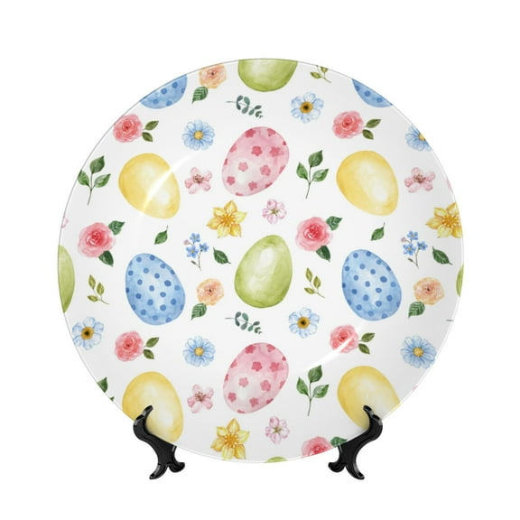 Picia Easter Egg3 Pattern Bone China Decorative Plate – Wall Decor with Stand and Adhesive, Elegant Ornament for Living Room, Office, or Entryway-7in
