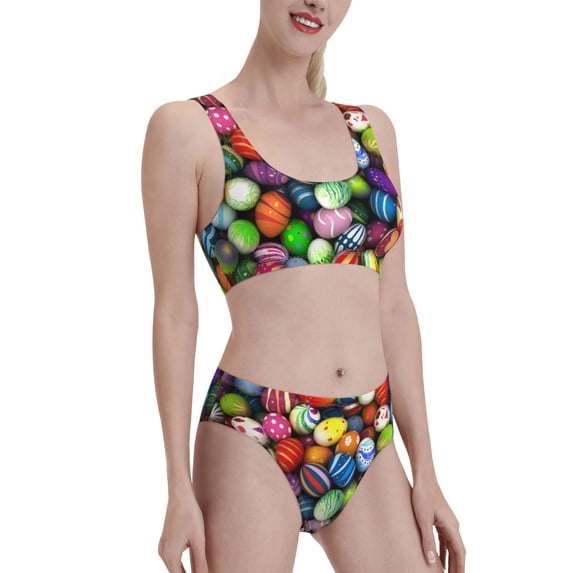 Picia Easter Eggs2 Women's High Waisted Bikini Scoop Neck Swimsuit Two Pieces Bathing Suit-
