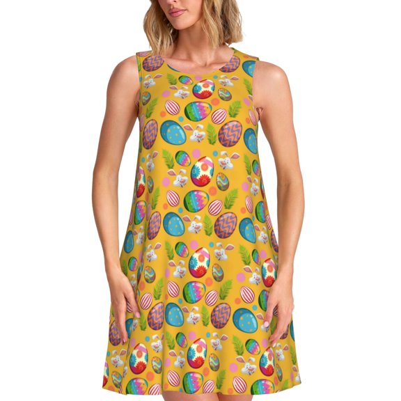 Picia Easter Print Women’s Sleeveless Midi Swing Dress – A-Line Pleated Tank Sundress, Comfortable and Flowy T-Shirt Dress