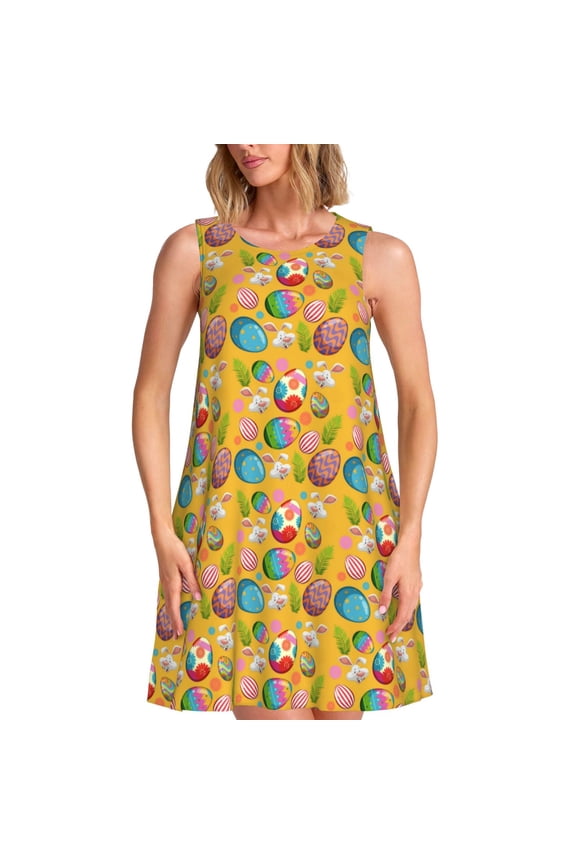 Easter Print Women’s Sleeveless Midi Swing Dress – A-Line Pleated Tank Sundress, Comfortable and Flowy T-Shirt Dress