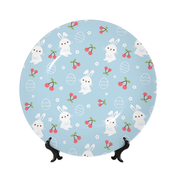 Picia Easter Rabbit Pattern Bone China Decorative Plate – Wall Decor with Stand and Adhesive, Elegant Ornament for Living Room, Office, or Entryway-8in