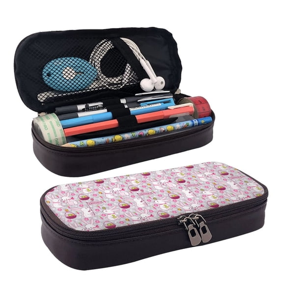 Picia Easter Rabbit Pattern Large Capacity PU Leather Pencil Case Organizer Pen Marker Holder Double Zipper Storage Bag Big Pencil Pouch for College Office