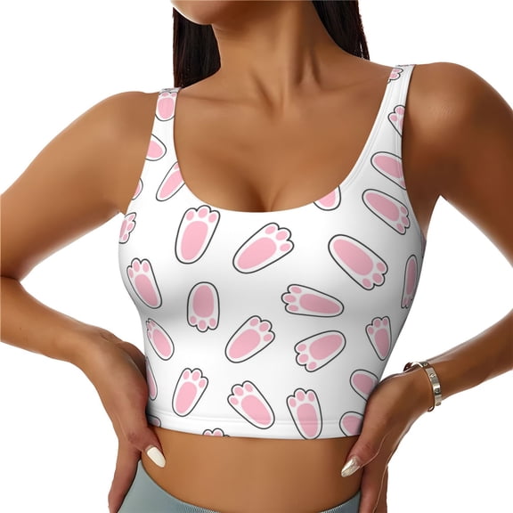 Picia Easter bunny footprint Pattern Sports Bra for Women,Padded Strappy Sports Bras Medium Support Yoga Bra with Removable Cups,Running Yoga Bra-XX-Large