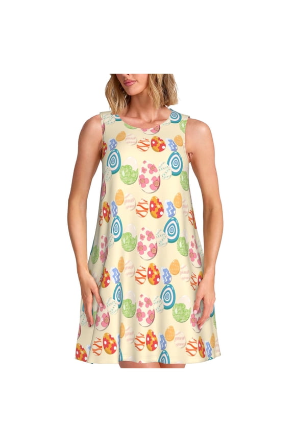 Easter eggs Print Women’s Sleeveless Midi Swing Dress – A-Line Pleated Tank Sundress, Comfortable and Flowy T-Shirt Dress
