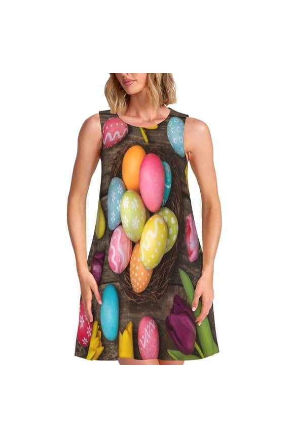 Easter eggs Print Women’s Sleeveless Midi Swing Dress – A-Line Pleated Tank Sundress, Comfortable and Flowy T-Shirt Dress