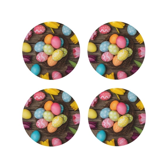 Picia Easter eggs Printed Leather Coasters for Drinks, 4" Drink Coasters Set of 4 for Tabletop Protection, Handmade Luxurious Home Décor and Housewarming Gift-Round Shape