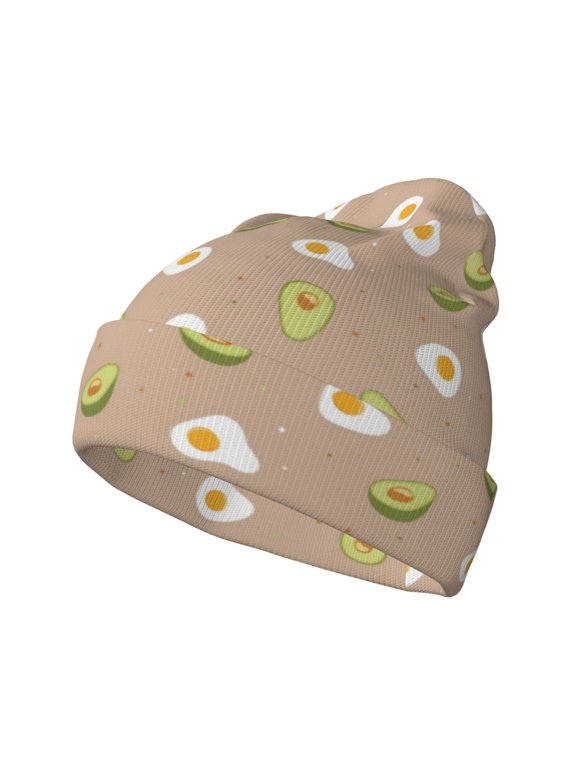 Egg and Avocado Pattern Knitted Beanie Hat for Men and Women , Unisex Winter Warm Stretchy Knit Cap Thick Fisherman Beanies Cuffed Plain Skull Caps