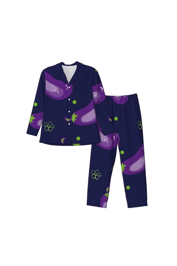 Eggplant Pattern Men’s Long-Sleeve Sleepwear Set - Soft 2-Piece Loungewear with Pockets, Comfy PJs for Relaxing Nights-Small