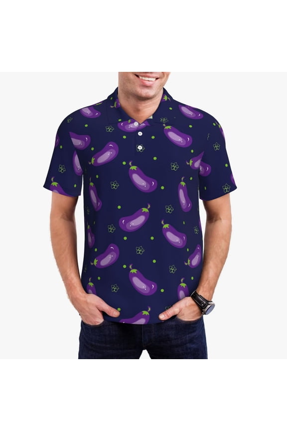 Eggplant Print Men's Polo Shirt, Two-Button Closure Pique Polo Shirt, Summer Fashion Golf Shirt-Small