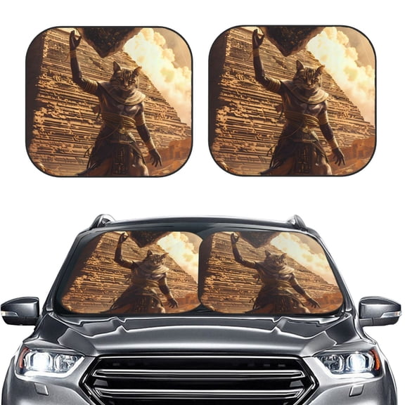 Picia Egyptian Cat Pharaoh Magic 2 Piece Car Windshield Sun Shade Foldable | Foldable Sun Shield for Front Window Blocks UV Rays and Keeps Your Vehicle Cool-Small