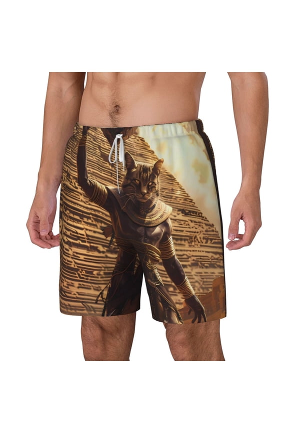 Egyptian Cat Pharaoh Magic pattern Mens Swim Trunks with Compression Liner Stretch Beach Shorts Quick Dry with Zipper Pockets No-Chafing Board Shorts-X-Large