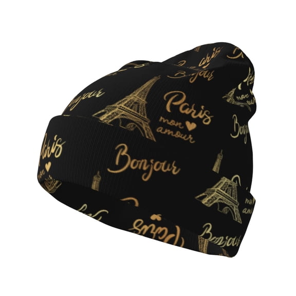 Picia Eiffel Tower Pattern Knitted Beanie Hat for Men and Women , Unisex Winter Warm Stretchy Knit Cap Thick Fisherman Beanies Cuffed Plain Skull Caps