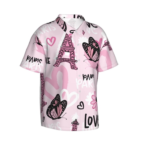 Picia Eiffel Tower and Butterflies Gentle Cotton Regular Fit Short Sleeve Casual Hawaiian Shirt for Men-Medium
