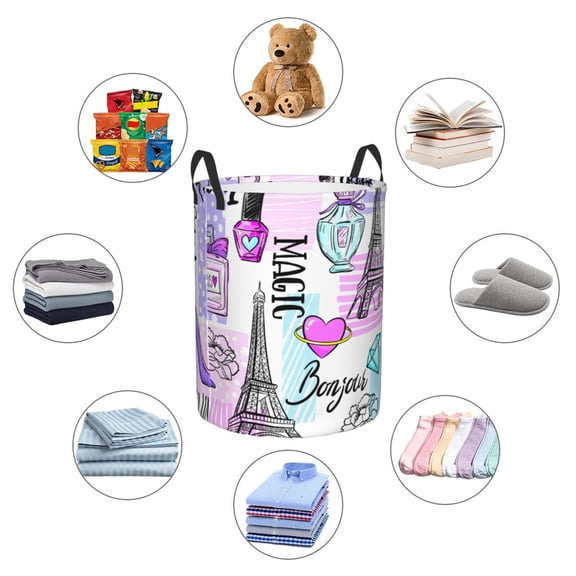 Picia Eiffel Tower and Hearts Large Laundry Basket, Waterproof, Freestanding Laundry Hamper, Collapsible Tall Clothes Hamper with Extended Handles-