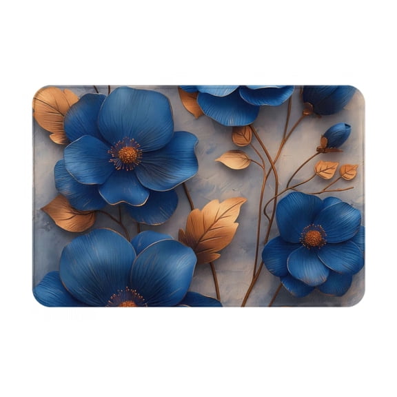 Picia Elegant Blue Gold Blooms Pattern Flannel Doormat 16x24 Inch Non-Slip Indoor Mat, Absorbent & Quick-Dry Rug for Entryway, Bathroom, Kitchen, and Bedroom, Machine Washable