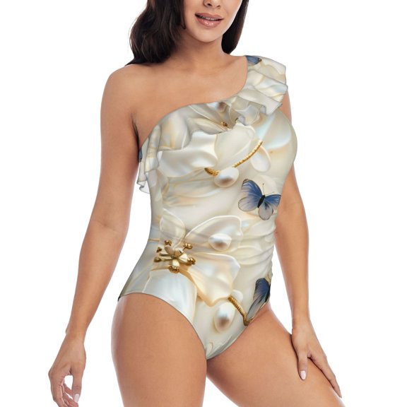 Picia Elegant Butterflies And Pearls Pattern Women's One Piece Swimsuits,One Shoulder Swimwear Asymmetric ,Ruffle Monokinis Bathing Suits,High Waisted Flattering Bathing Suits-Small
