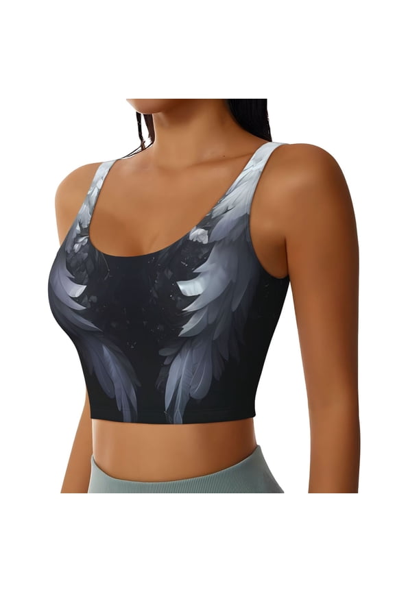 Elegant Feathered Floral Wings Sports Bra for Women,Padded Strappy Sports Bras Medium Support Yoga Bra with Removable Cups,Running Yoga Bra-XX-Large