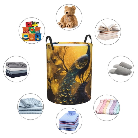 Picia Elegant Gold Leaf Peacock Large Laundry Basket, Waterproof, Freestanding Laundry Hamper, Collapsible Tall Clothes Hamper with Extended Handles-Medium