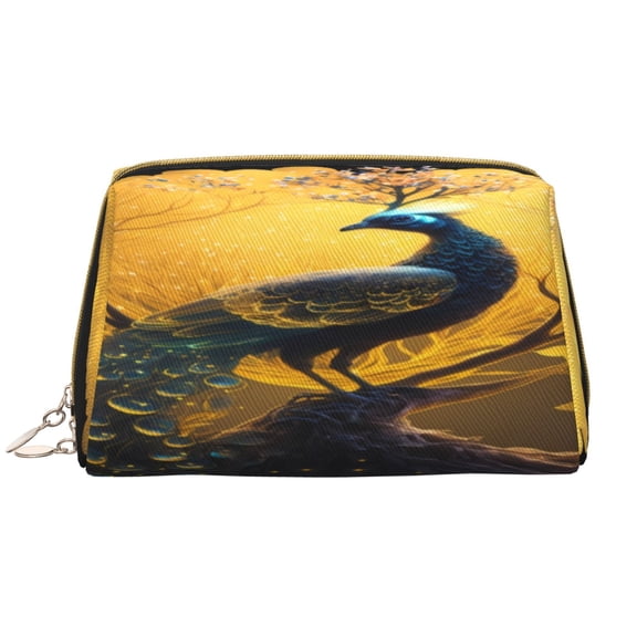 Picia Elegant Gold Leaf Peacock Print Leather Makeup Bag Make Up Bag Travel Toiletry Bag for Her Girlfriend Teacher Teen Girl Gifts