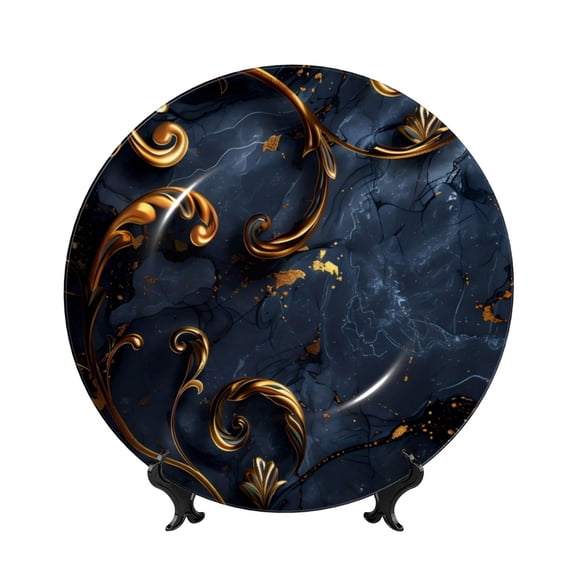 Picia Elegant Gold Scrollwork Pattern Bone China Decorative Plate – Wall Decor with Stand and Adhesive, Elegant Ornament for Living Room, Office, or Entryway-8in