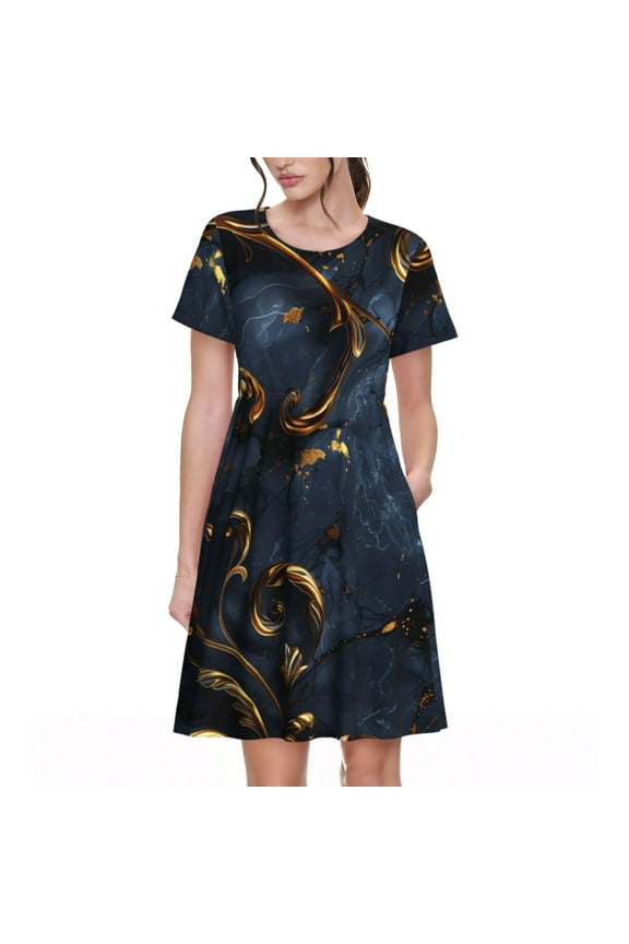 Elegant Gold Scrollwork Pattern Women's Short Sleeve Summer Dress Pleated Loose Swing Knee Length Short Sleeve Swing Dresses
