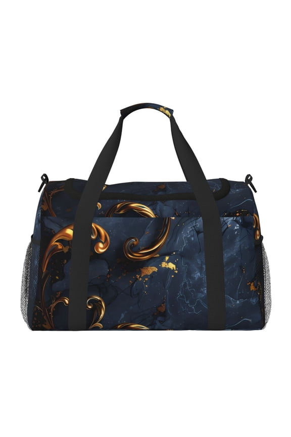 Elegant Gold Scrollwork Print Travel Duffle Bag,Weekender Bags for Women with Shoe Compartment, Gym Duffel Bag with Wet Pocket, Hospital Bags for Labor and Delivery