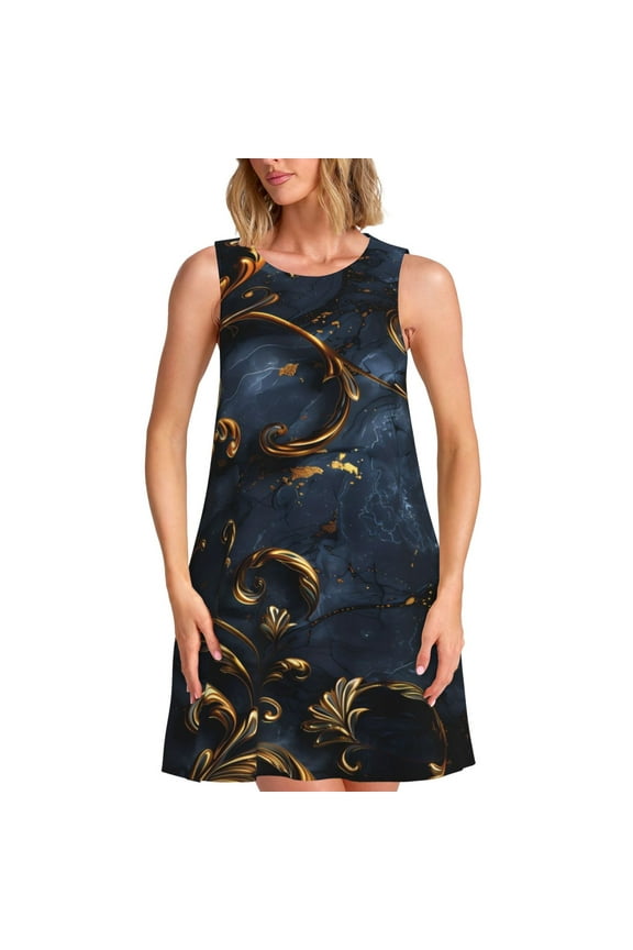 Elegant Gold Scrollwork Print Women’s Sleeveless Midi Swing Dress – A-Line Pleated Tank Sundress, Comfortable and Flowy T-Shirt Dress