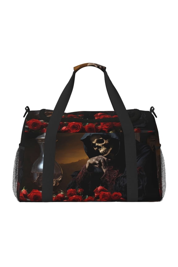 Elegant Rose Skull Print Travel Duffle Bag,Weekender Bags for Women with Shoe Compartment, Gym Duffel Bag with Wet Pocket, Hospital Bags for Labor and Delivery
