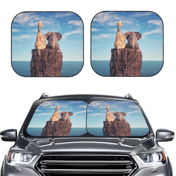 Picia Elephant And A Giraffe Sitting On A Rock Admiring The Ocean 2 Piece Car Windshield Sun Shade Foldable | Foldable Sun Shield for Front Window Blocks UV Rays and Keeps Your Vehicle Cool-Small