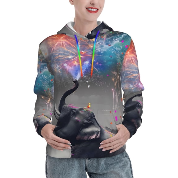 Picia Elephant Fireworks Celebration Pattern Casual Women's Hoodie, Hooded Sweatshirt with Kangaroo Pocket, Comfortable Pullover with Eye-catching Drawstrings-Medium