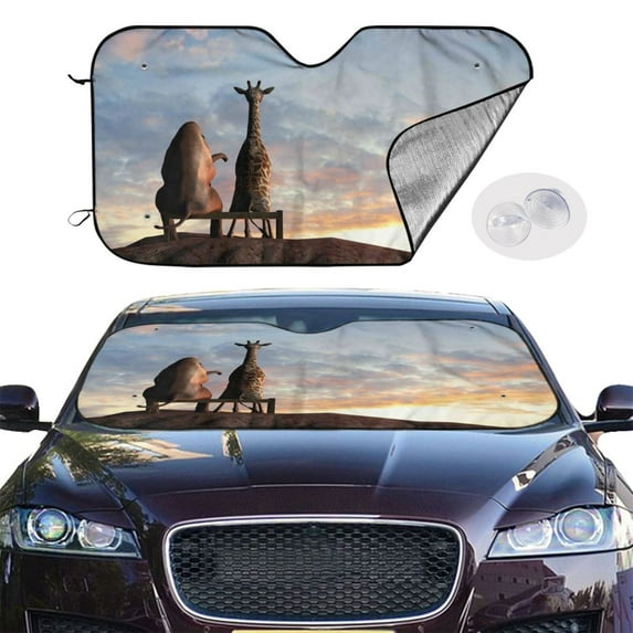 Picia Elephant Giraffe Curved Windshield Sunshade Accordion Folding Style Auto Shade for Car Truck SUV Van Blocks UV Ray Sun Visor Protector -Small