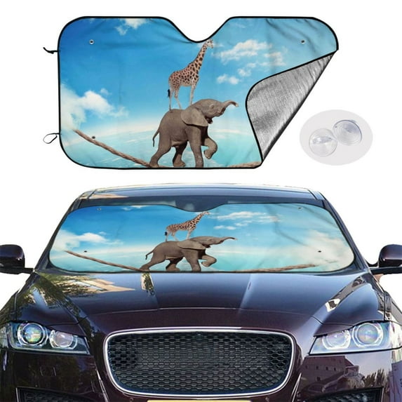 Picia Elephant Giraffe Curved Windshield Sunshade Accordion Folding Style Auto Shade for Car Truck SUV Van Blocks UV Ray Sun Visor Protector -