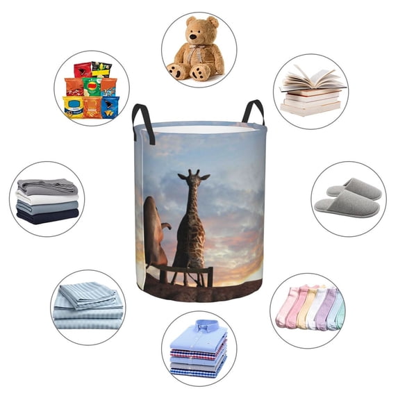 Picia Elephant Giraffe Large Laundry Basket, Waterproof, Freestanding Laundry Hamper, Collapsible Tall Clothes Hamper with Extended Handles-